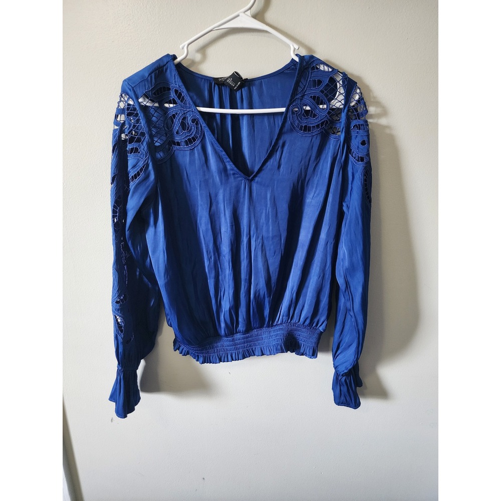 Rachel Zoe Royal Blue Crochet Lace Cut Out Smocked Blouse V-Neck Top Small NWT